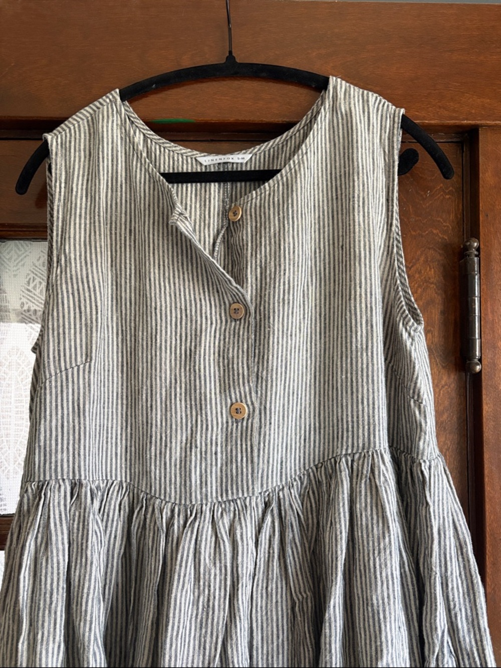 Linenfox Sleeveless Joy Striped Button Front Linen Dress Gray White Small/Medium - Picture 9 of 9
